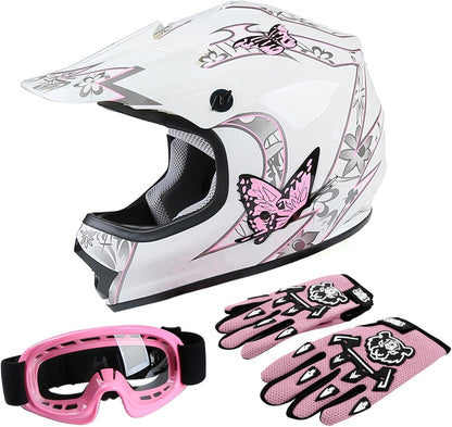 DOT Youth Kids Dirt Bike Full Face Helmets Motocross ATV Offroad Four Wheeler Helmet Pink Butterfly Medium Size