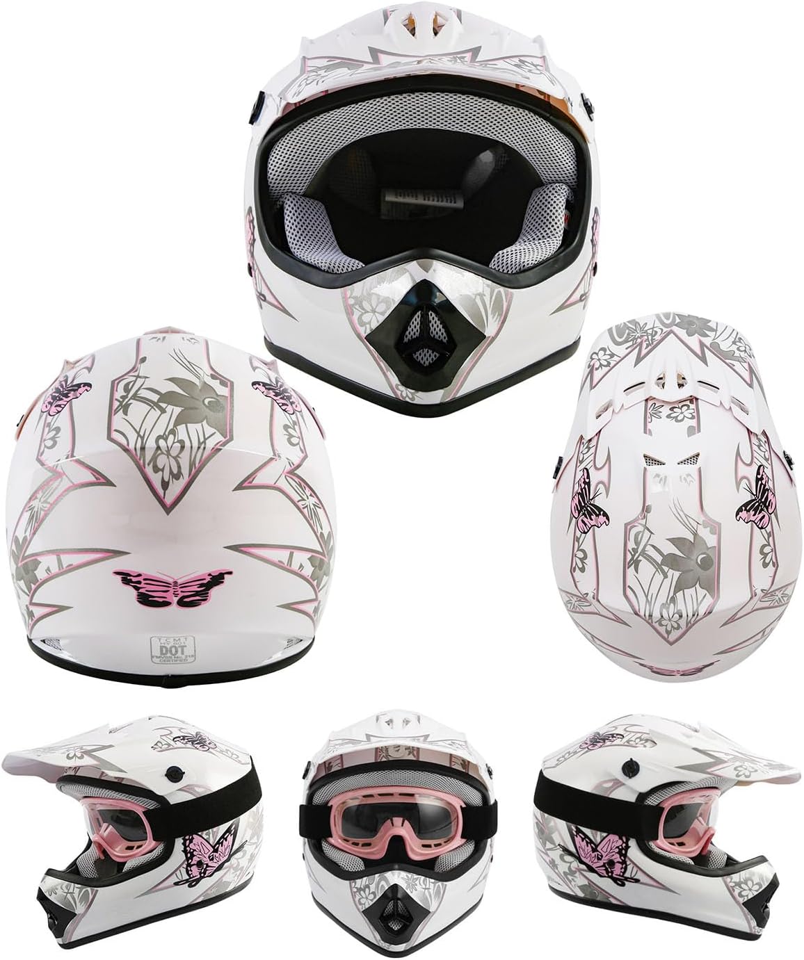 DOT Youth Kids Dirt Bike Full Face Helmets Motocross ATV Offroad Four Wheeler Helmet Pink Butterfly Medium Size