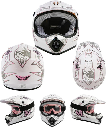 DOT Youth Kids Dirt Bike Full Face Helmets Motocross ATV Offroad Four Wheeler Helmet Pink Butterfly Medium Size