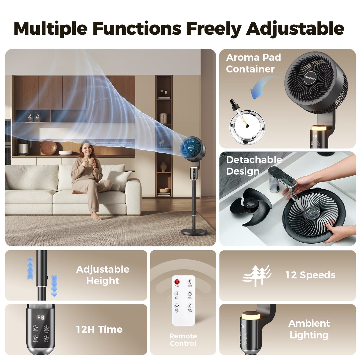 Pedestal Fan for Bedroom, Air Circulator Fans with Remote & RGB Light, 120° Horizontal + 90° Vertical Oscillating, 12 Speeds, 12H Timer, for Home