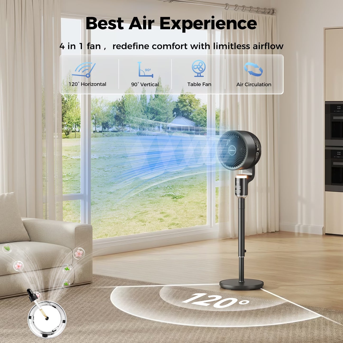 Pedestal Fan for Bedroom, Air Circulator Fans with Remote & RGB Light, 120° Horizontal + 90° Vertical Oscillating, 12 Speeds, 12H Timer, for Home